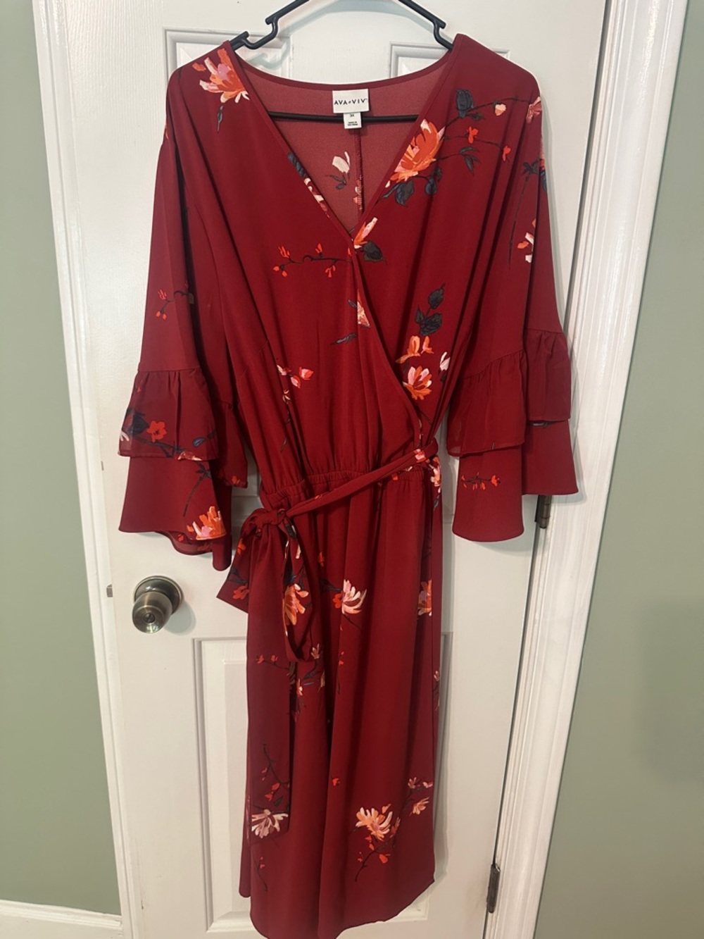 Ava & Viv Burgundy Floral Midi Wrap Dress